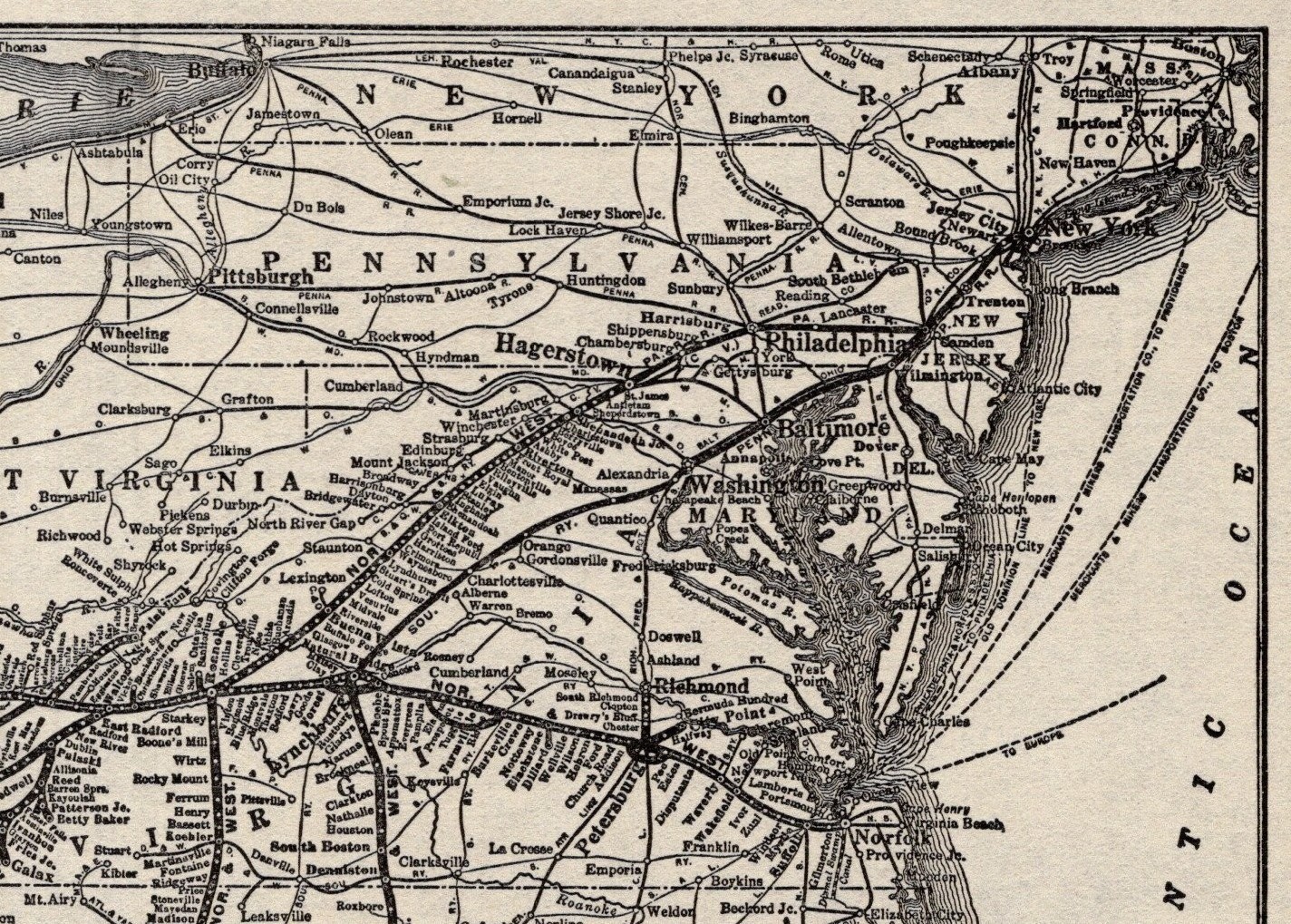 1929 Antique NORFOLK and WESTERN Railway Map Vintage Railroad Map 2540