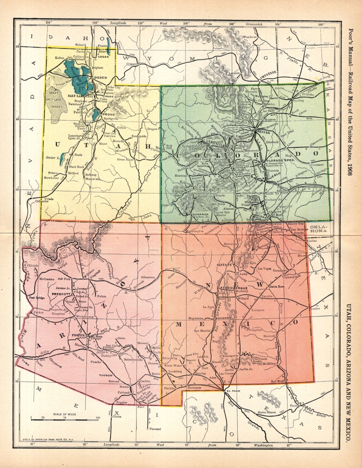 1908 Antique Utah Colorado Arizona New Mexico Railroad Map Railway Map 2689