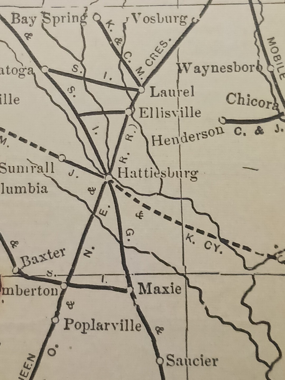 1902 Train Route Map ARKANSAS Mississippi LA all Railroad Lines Stations 11×9″