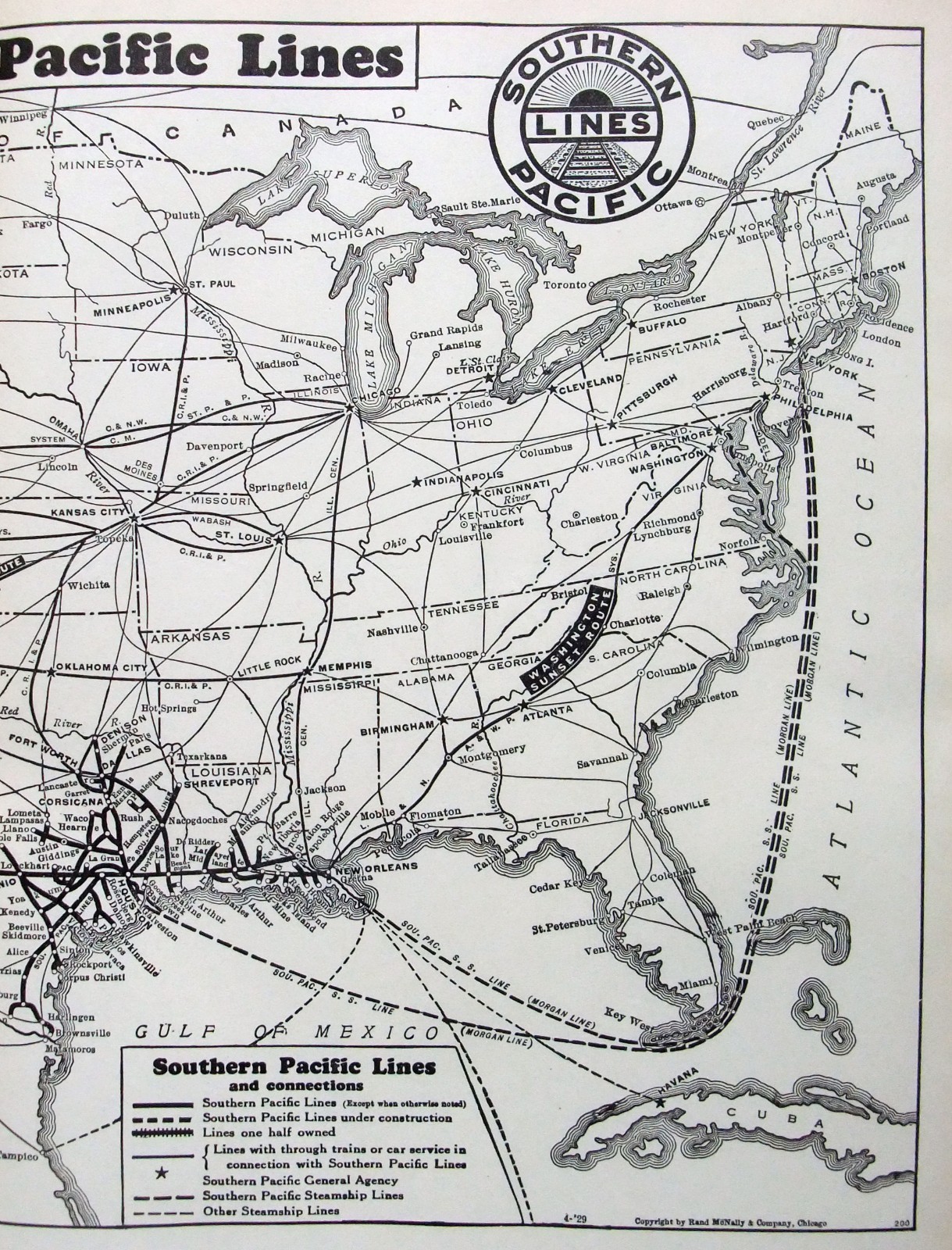 Southern Pacific Railroad – Original 1929 Dated System Map. Antique Railway