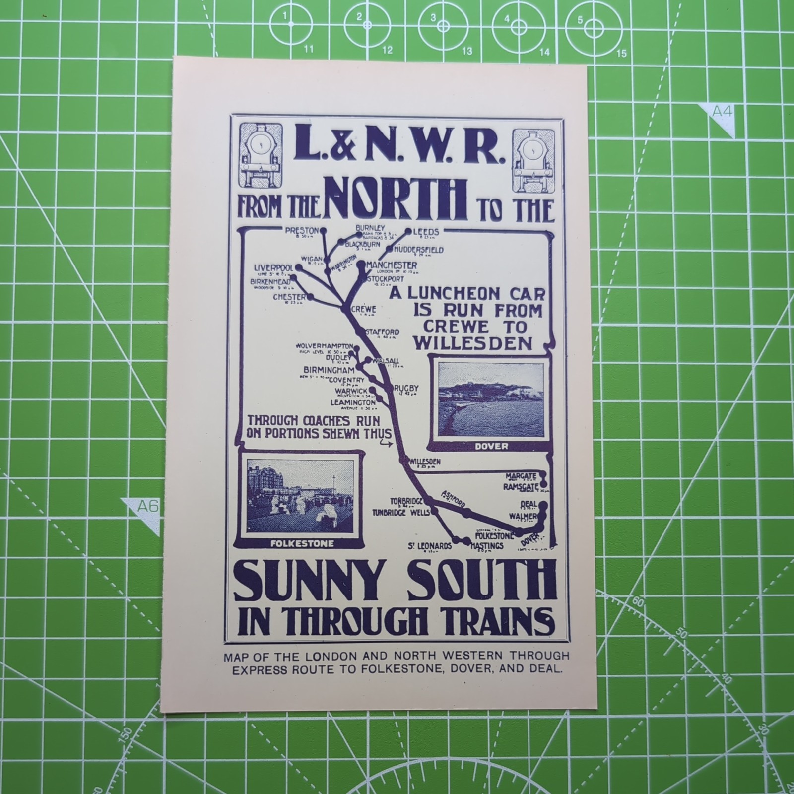 Original 1912 LNWR Map Of The Express Route To Folkestone Dover And Deal