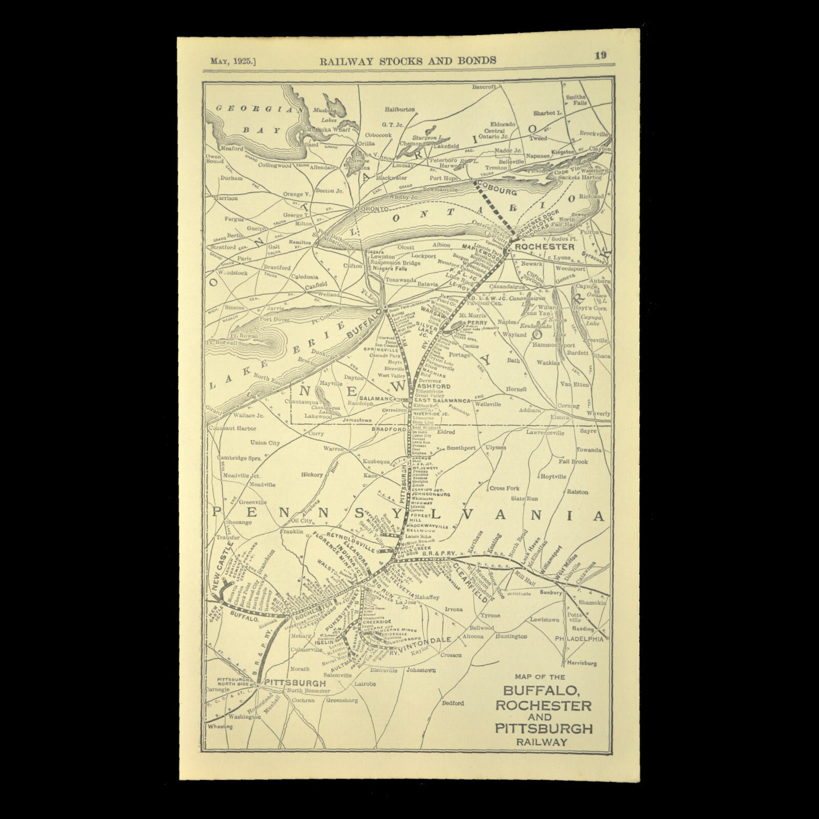 BUFFALO ROCHESTER PITTSBURGH Railway Map Clearfield Pennsylvania Railroad ca1925
