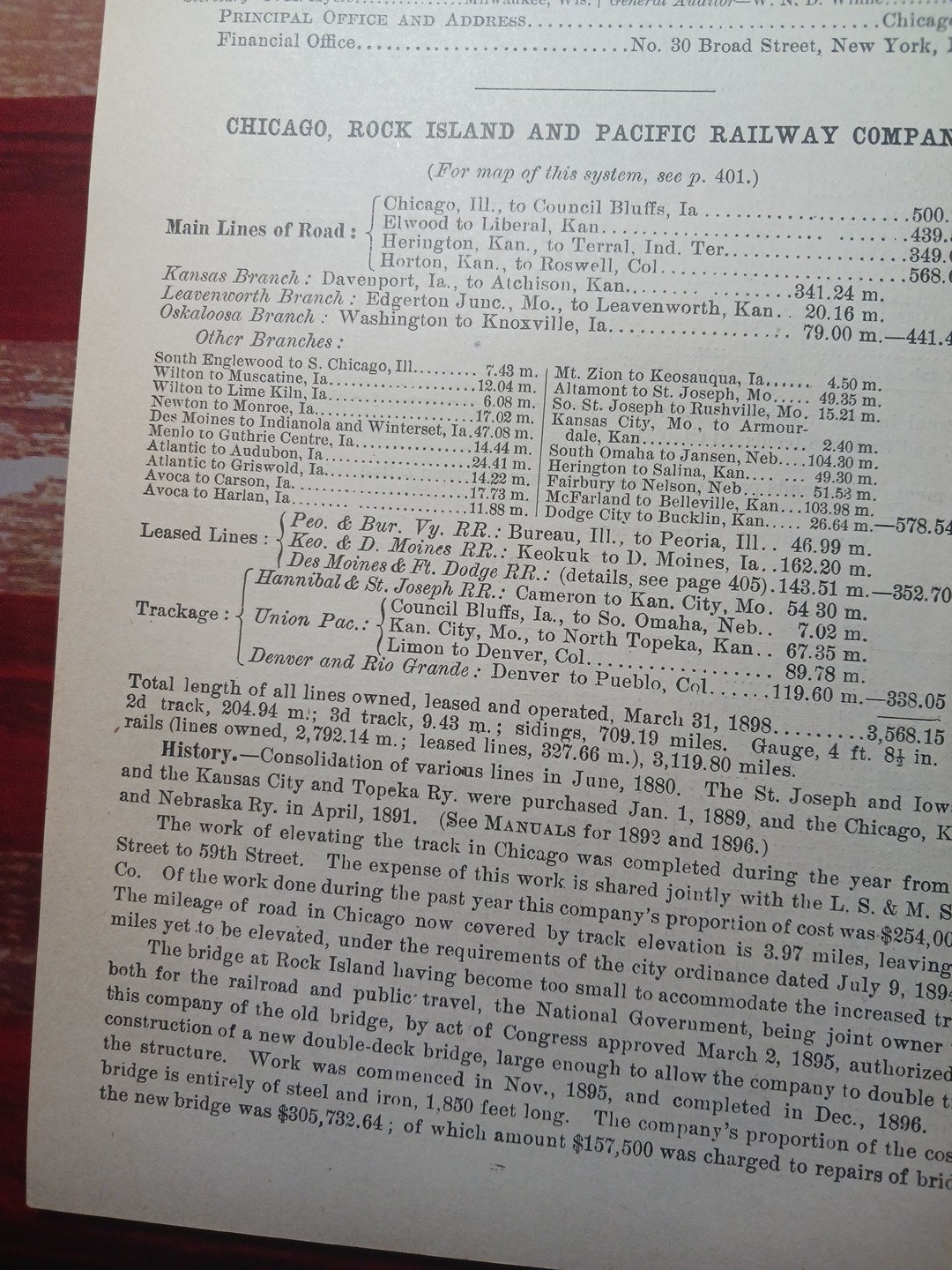 ~1898 Train Route Map + Railroad Report CHICAGO ROCK ISLAND & PACIFIC RAILWAY