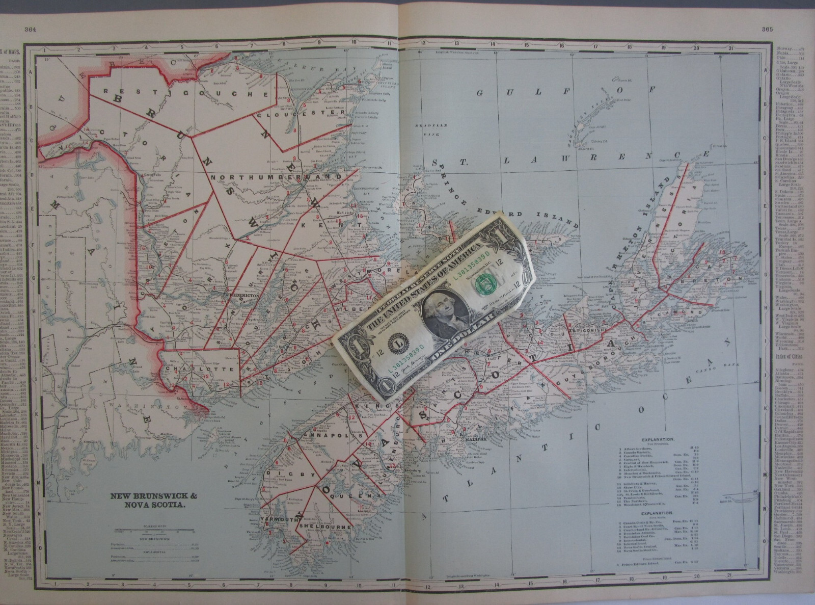 1896 NEW BRUNSWICK & NOVA SCOTIA Map. CANADA Cram RAILROAD. MONETON & BUCTOUCHE