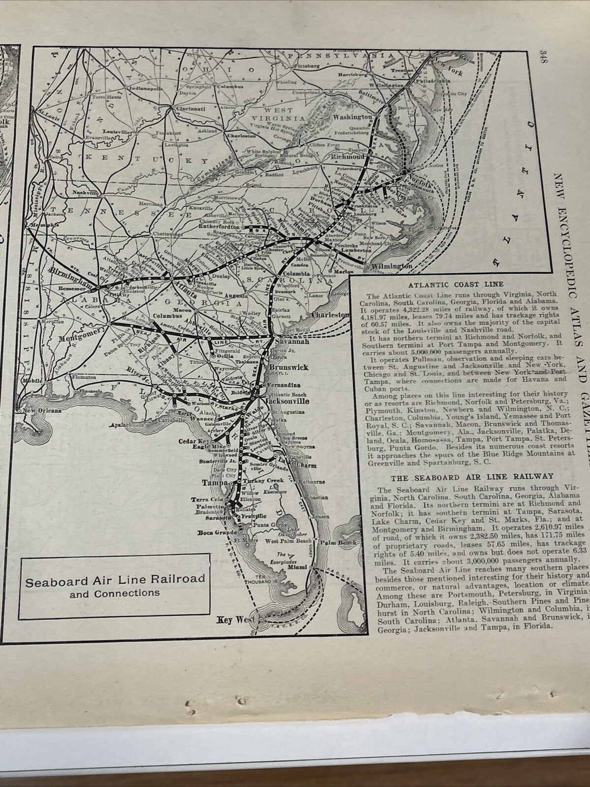 Antique 1908 Map Atlantic Coast & Seaboard Air Line Railroads Systems 11×15 Inch