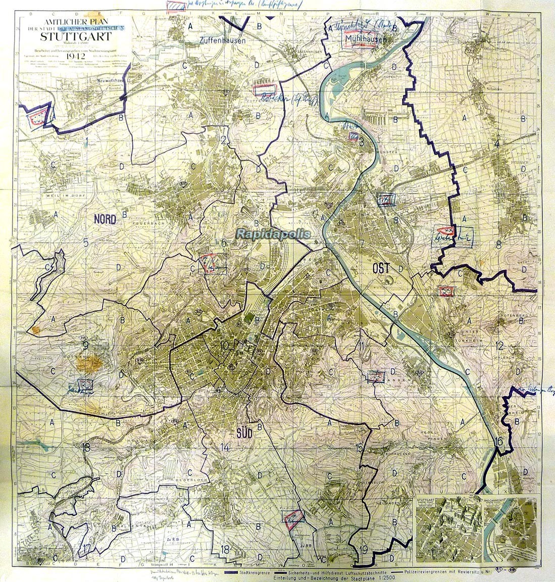 Original Official 1942 German CITY GOVERNMENT MAP OF STUTTGART ~ very rare