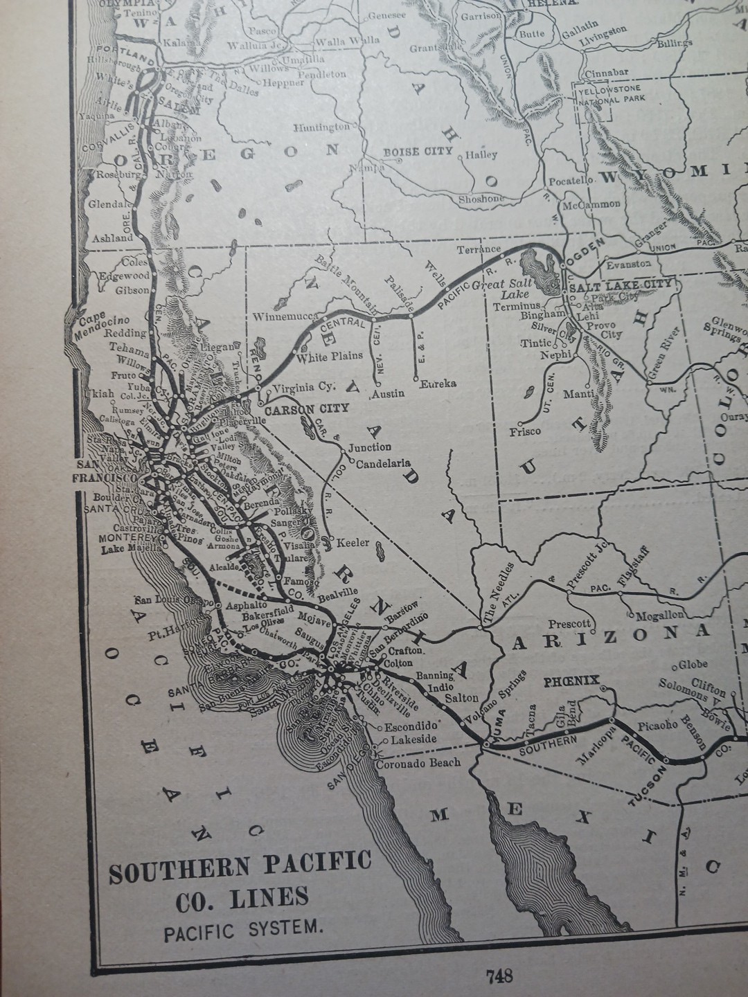 ~1898 ANTIQUE Railroad Map SOUTHERN PACIFIC COMPANY LINES Pacific System CA AZ