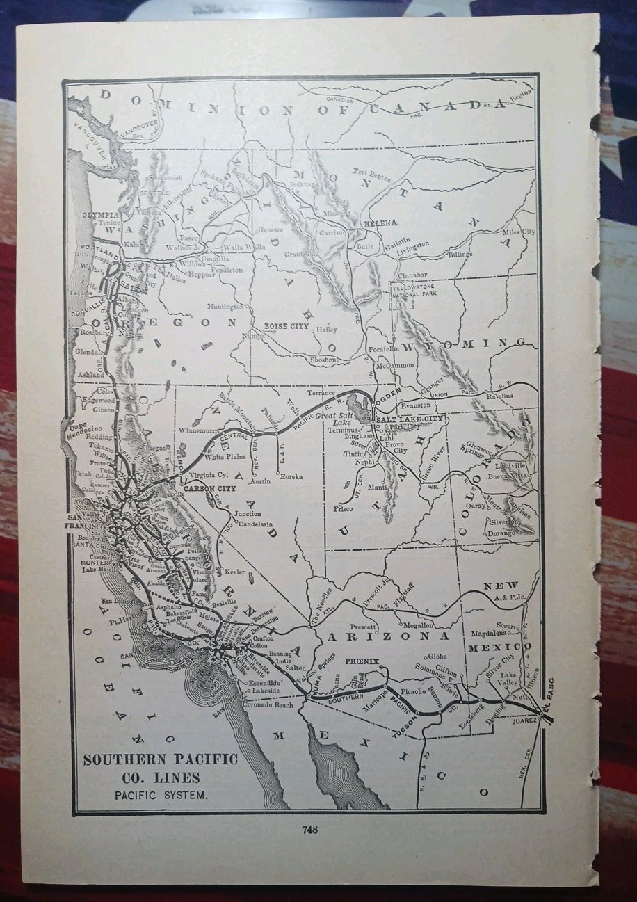 ~1898 ANTIQUE Railroad Map SOUTHERN PACIFIC COMPANY LINES Pacific System CA AZ