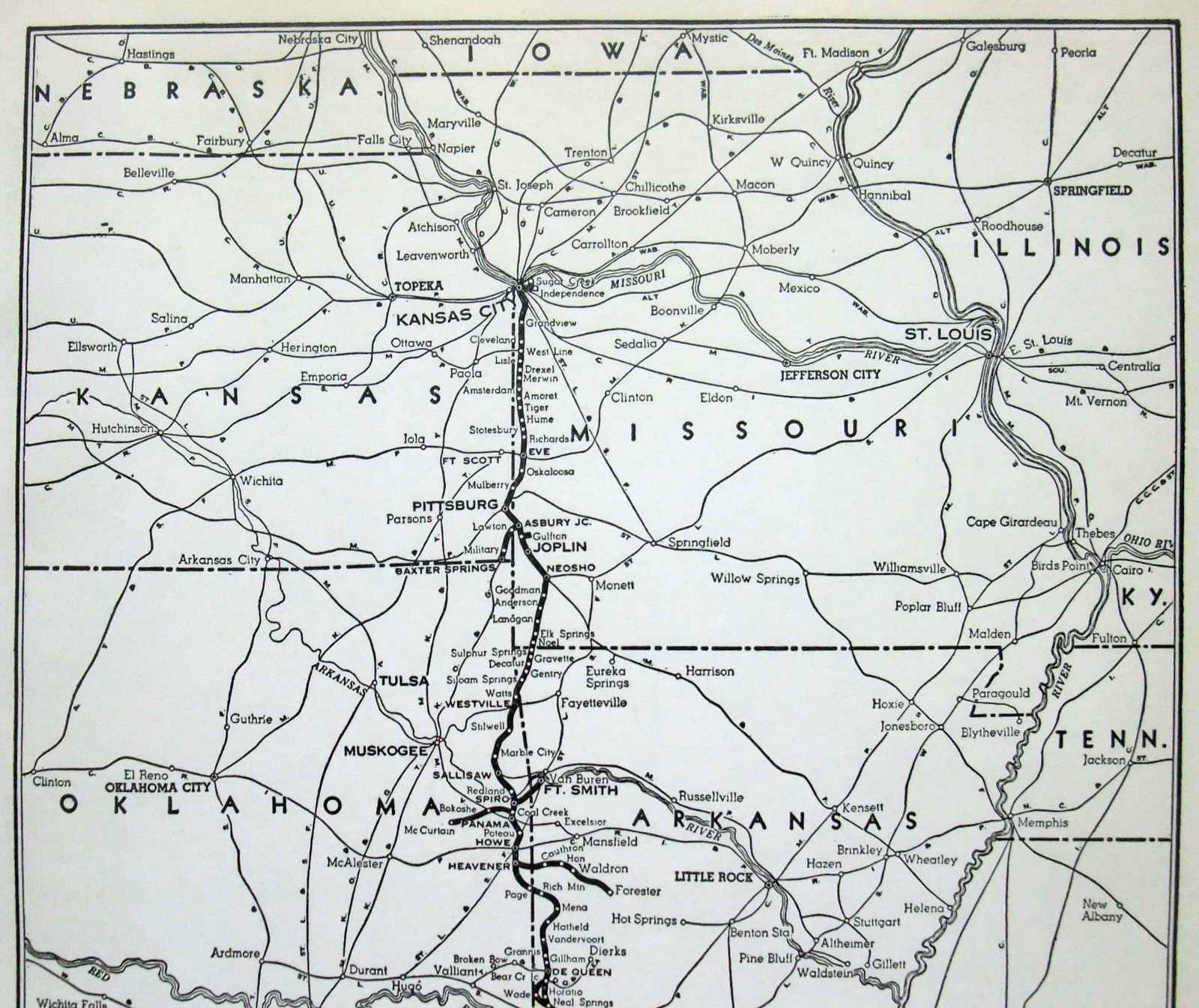 Kansas City Southern – Original 1941 Railroad System Map. Vintage