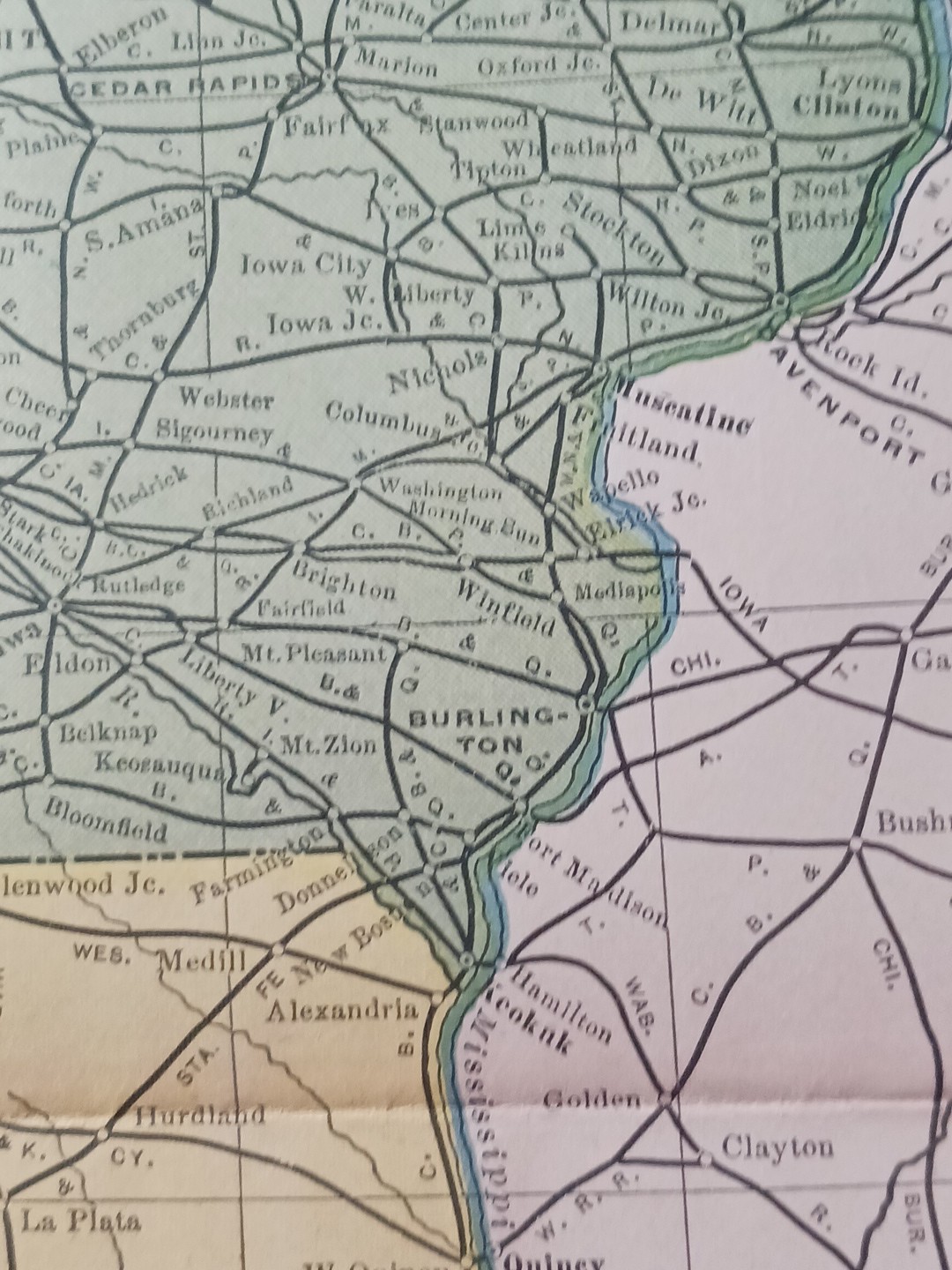1905 Train Route Map IOWA & MISSOURI all Railroad Lines marked 11″x9″ Stations