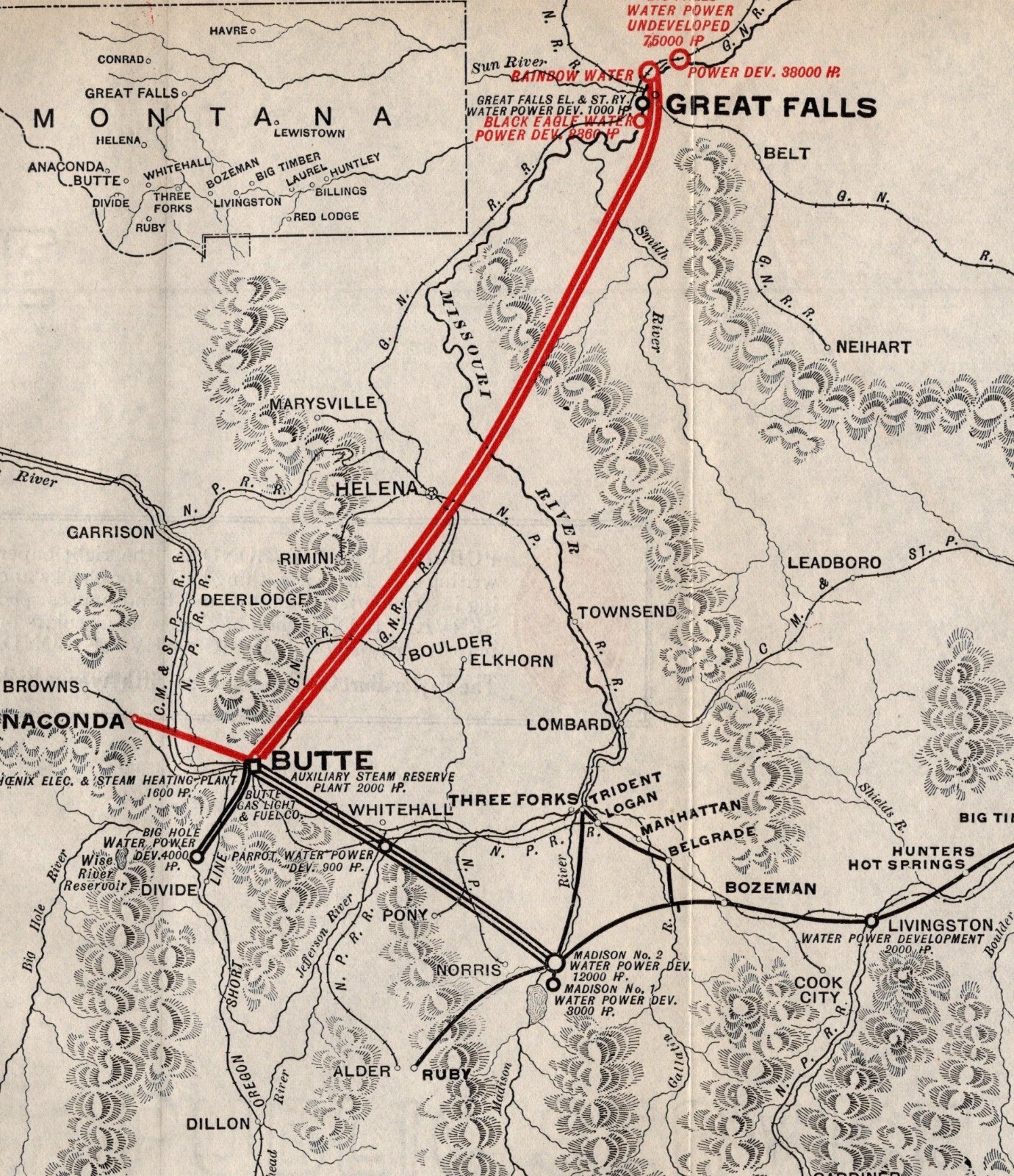 1912 Antique Great Falls Power Company Map Railroad Map of the Lines 2376