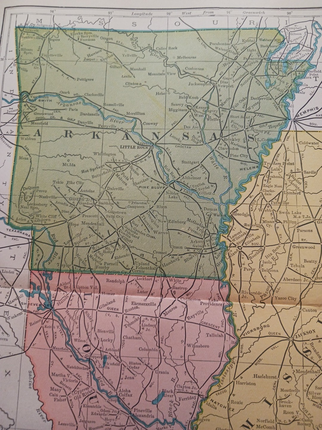 1905 Train Route Map Mississippi Arkansas Louisiana all Railroad Lines 11″x9″