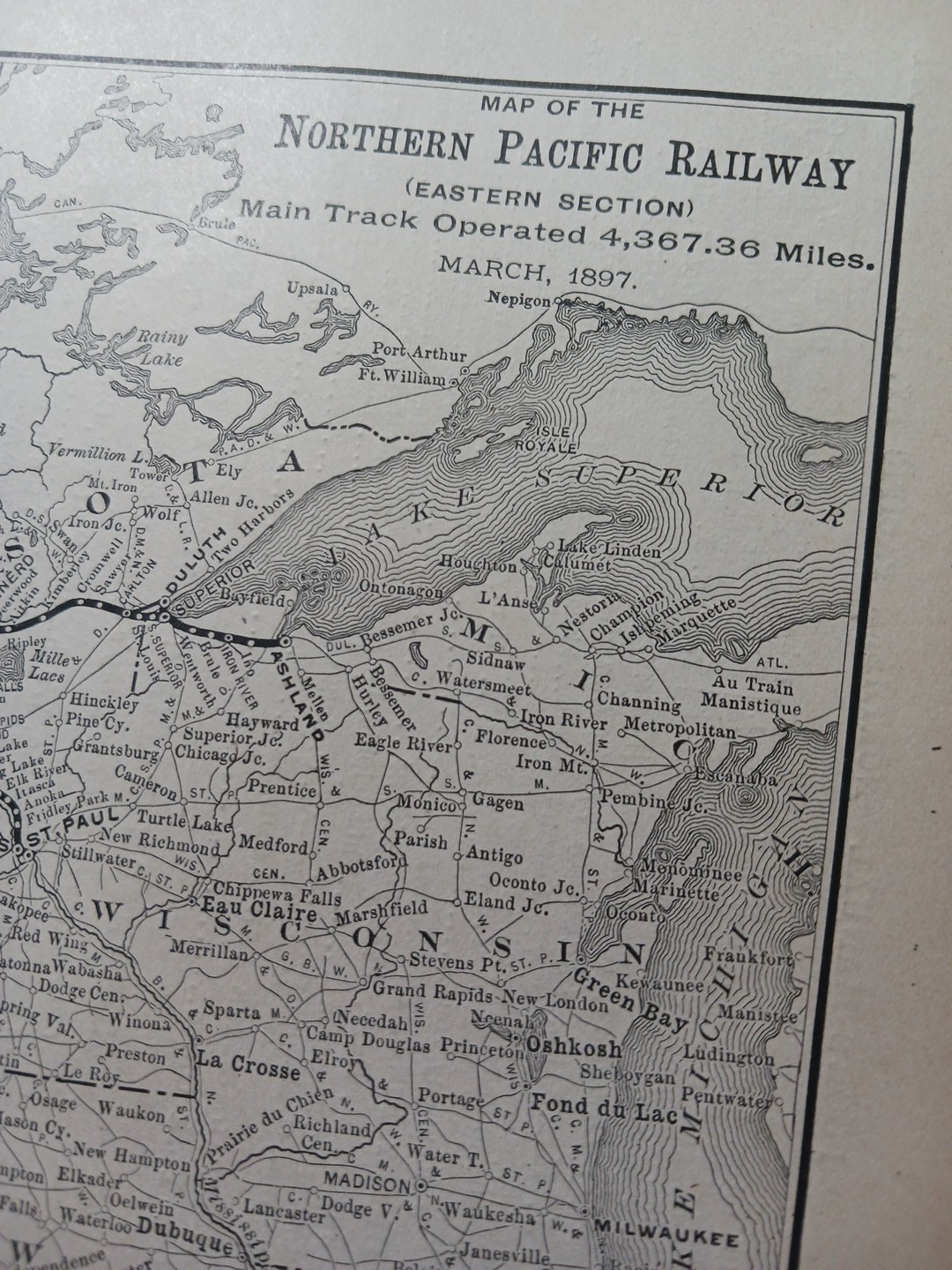 1897 dated Train Route Map NORTHERN PACIFIC RAILWAY Eastern Section Dakota MN WI