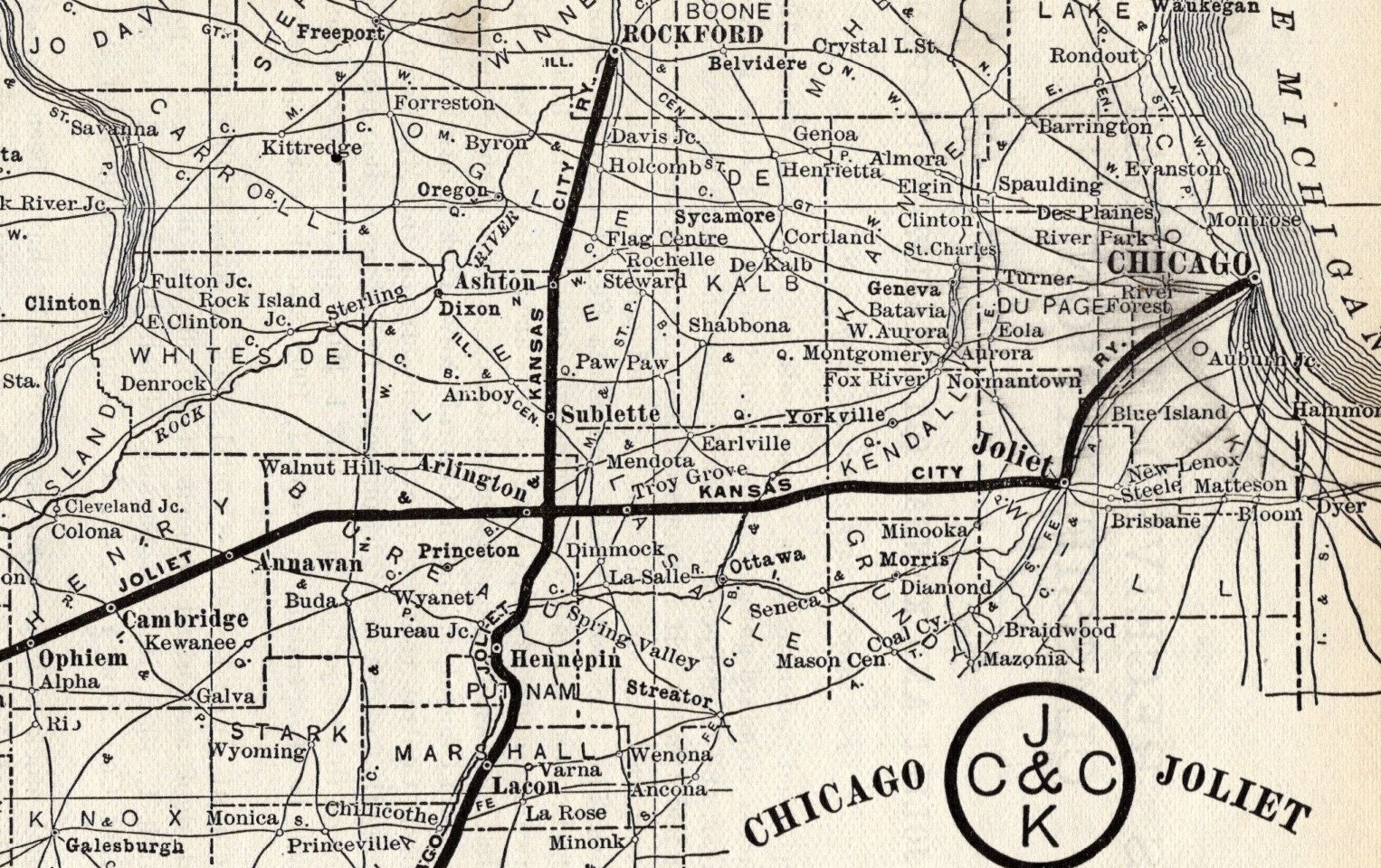 1908 Antique Chicago Joliet and Kansas City Railway Map Antique Railroad Map 374