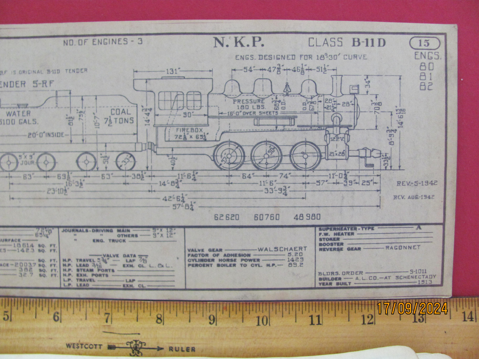 NICKLE PLATE ROAD RAILROAD ORIG 1943 DIAGRAM LOCOMOTIVE #80-82 CLASS B-11D 0-6-0