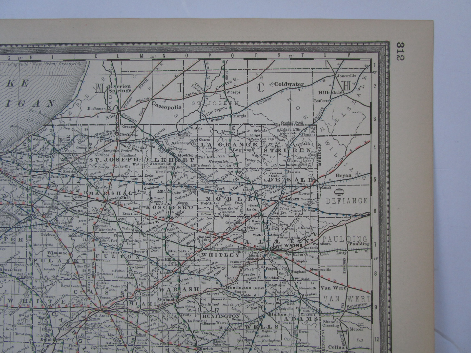 IN Antique DATED 1887 INDIANA RAILROAD Map. McNally Business