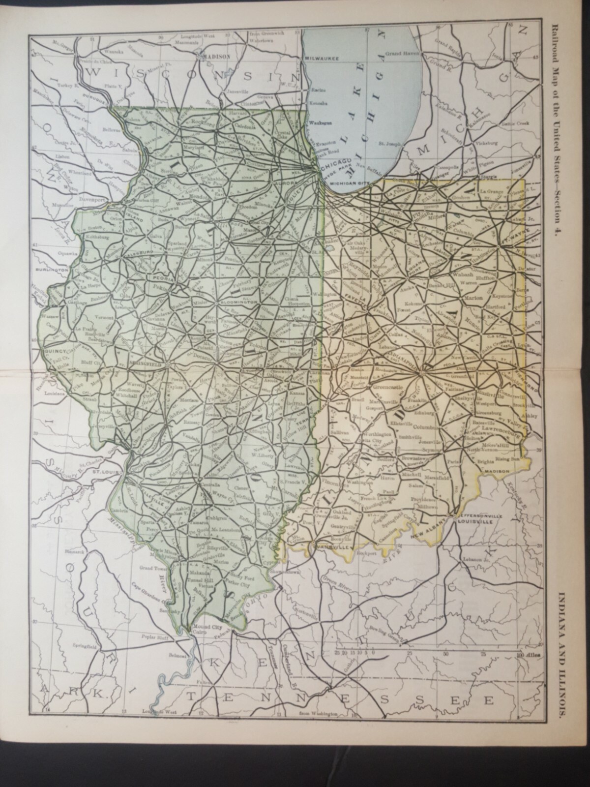 Original 1894 railroad map Drawn by American Bank Note Co. Illinois Indiana 11×9