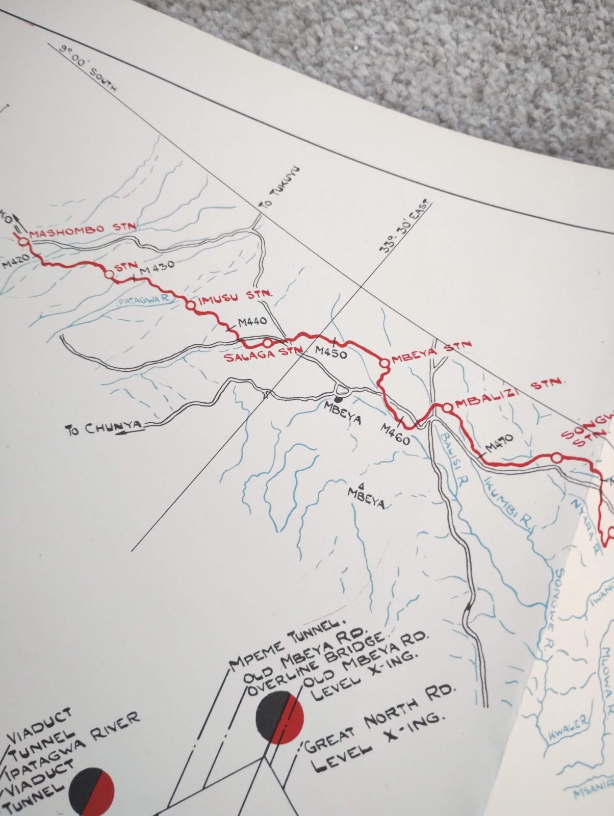 1952 Original East African Railways Map of Route: Mashombo to Nteko (Tanzania)