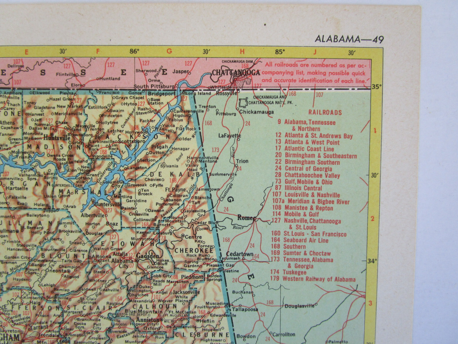 AL AZ Vintage 1952 ALABAMA RAILROAD Map. CHATTAHOOCHEE VALLEY RR or ARIZONA