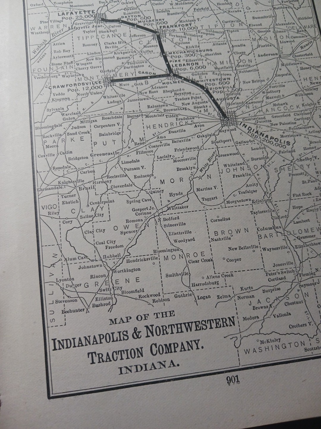 ~1904 RARE Railroad Map INDIANAPOLIS & NORTHWESTERN TRACTION CO Trolley Routes