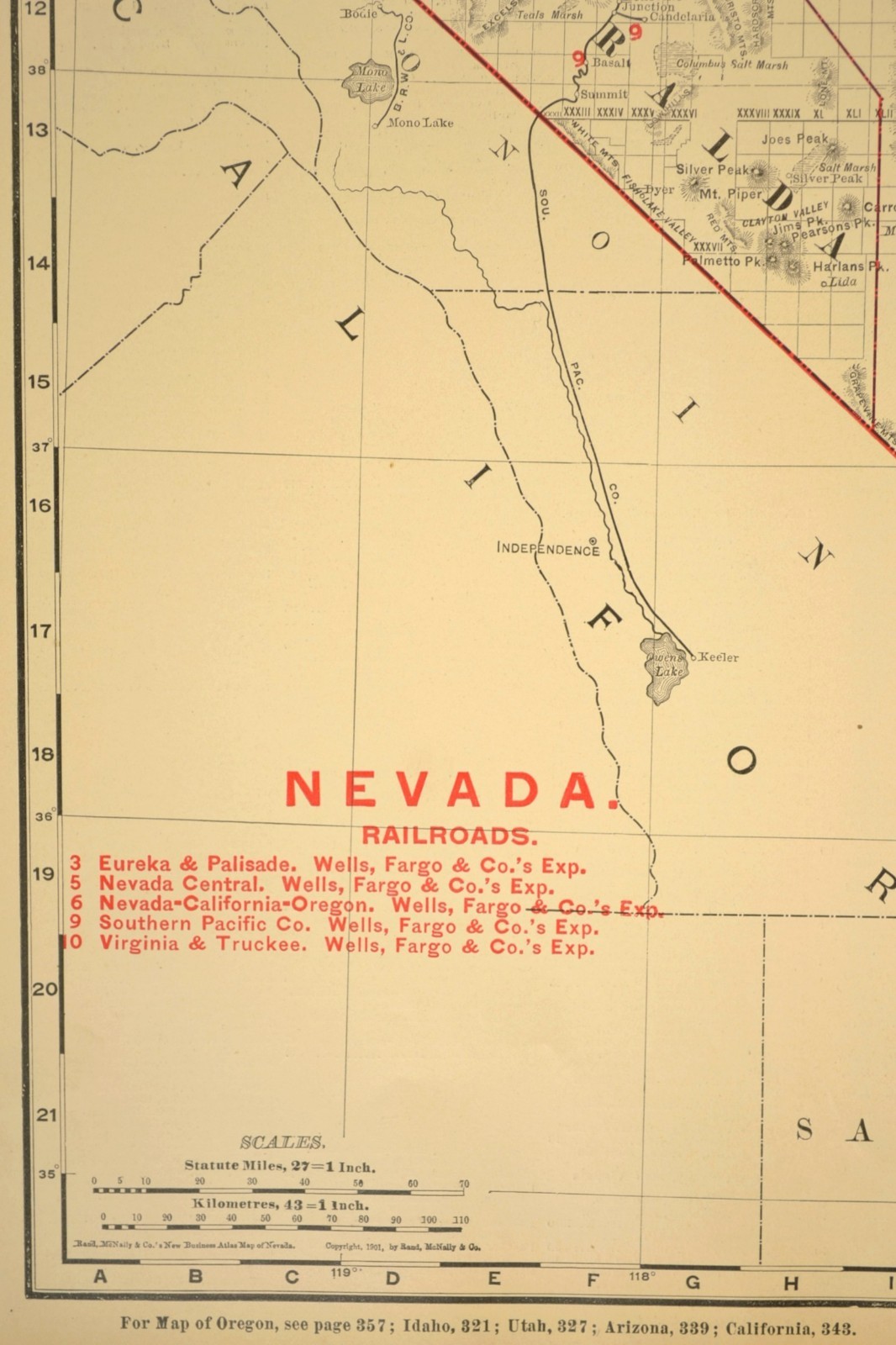 1901 Antique Nevada Railroad Map Southern Pacific Railroad Large Atlas Map DATED
