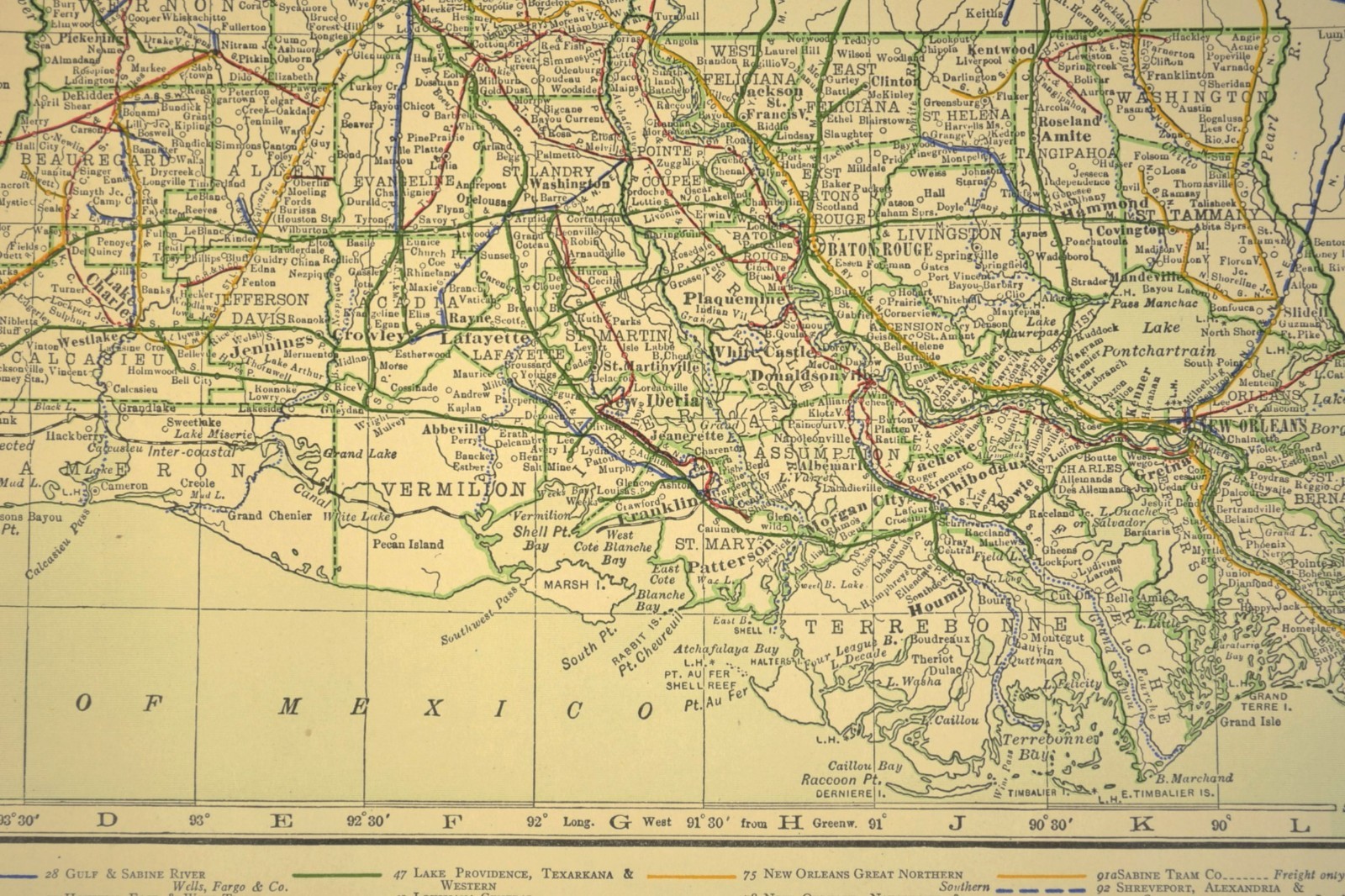 1914 Antique LOUISIANA Railroads Map ORIGINAL Atlas Map Texas & Pacific DATED