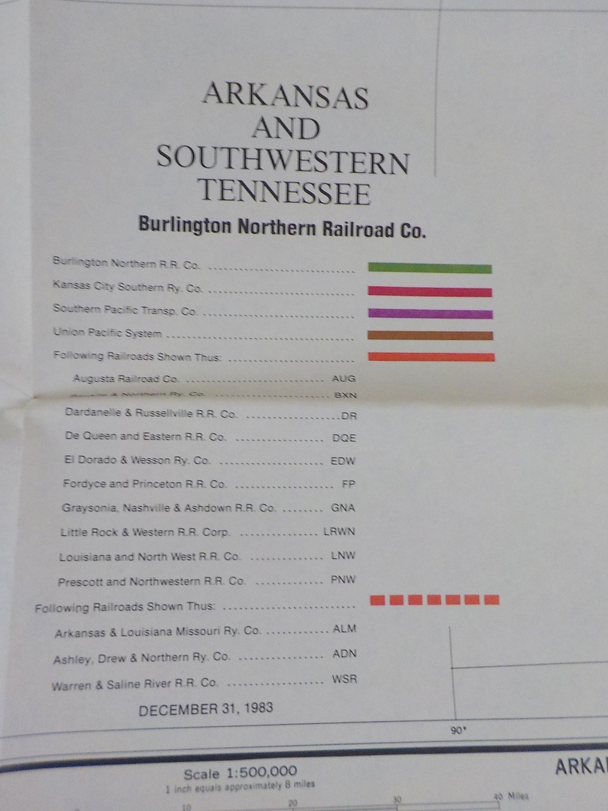 Map Burlington Northern Arkansas State Railroad Map 1983 August + SW TN