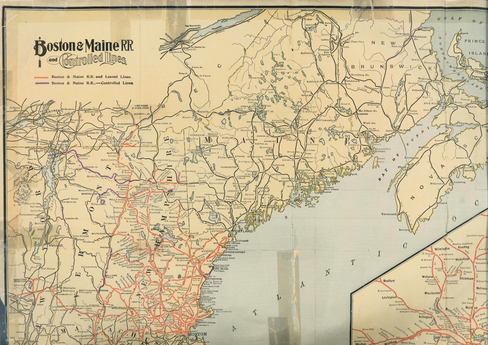 c1930 Boston & Maine Railroad Lines Controlled Leased MA ME Rand Avery Color US