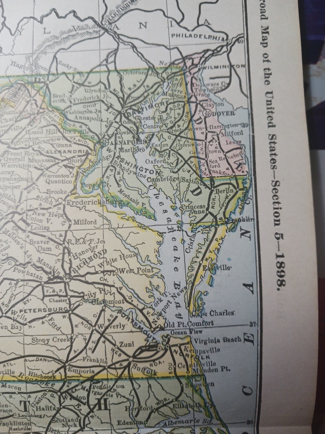 ~1898 Railroad Map Mid Atlantic Virginia Maryland WV SC NC DE Train Routes 11×9″