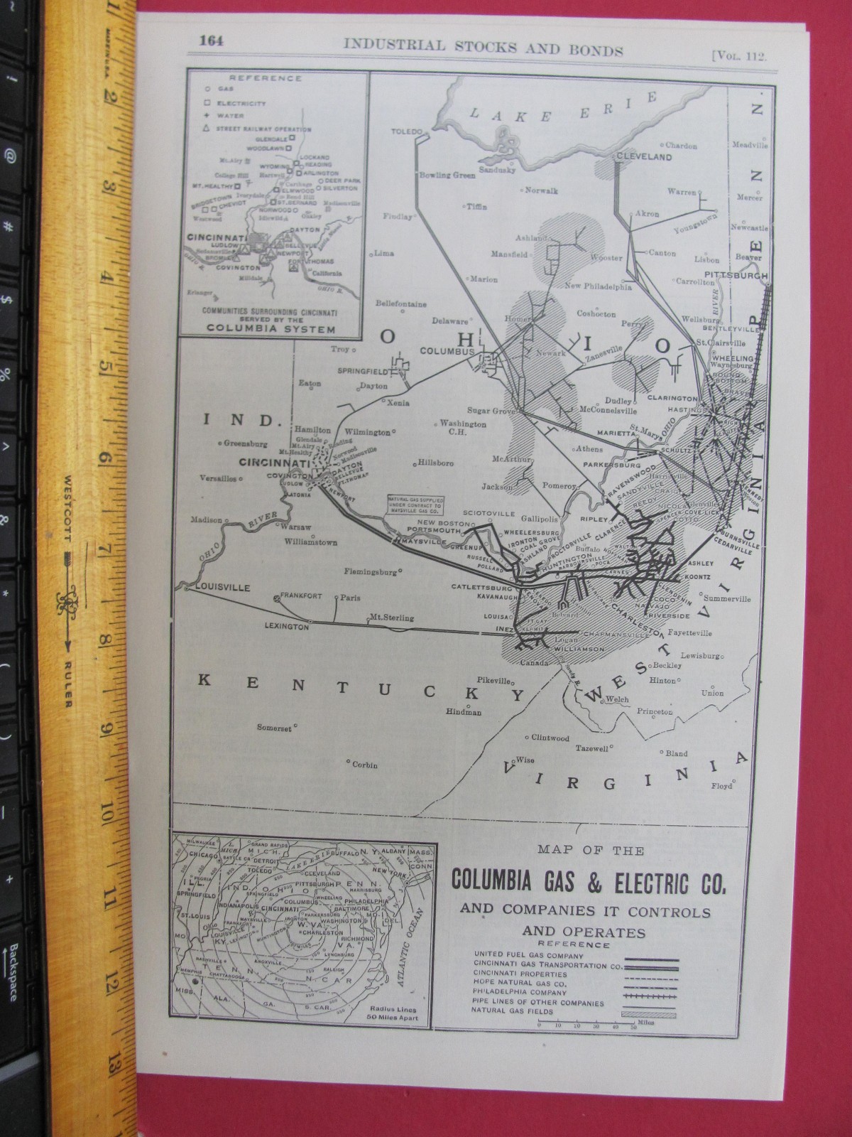 COLUMBIA GAS & ELECTRIC COMPANY CORPORATE 1921 MAP LOCAT CITIES NAMES HISTORY