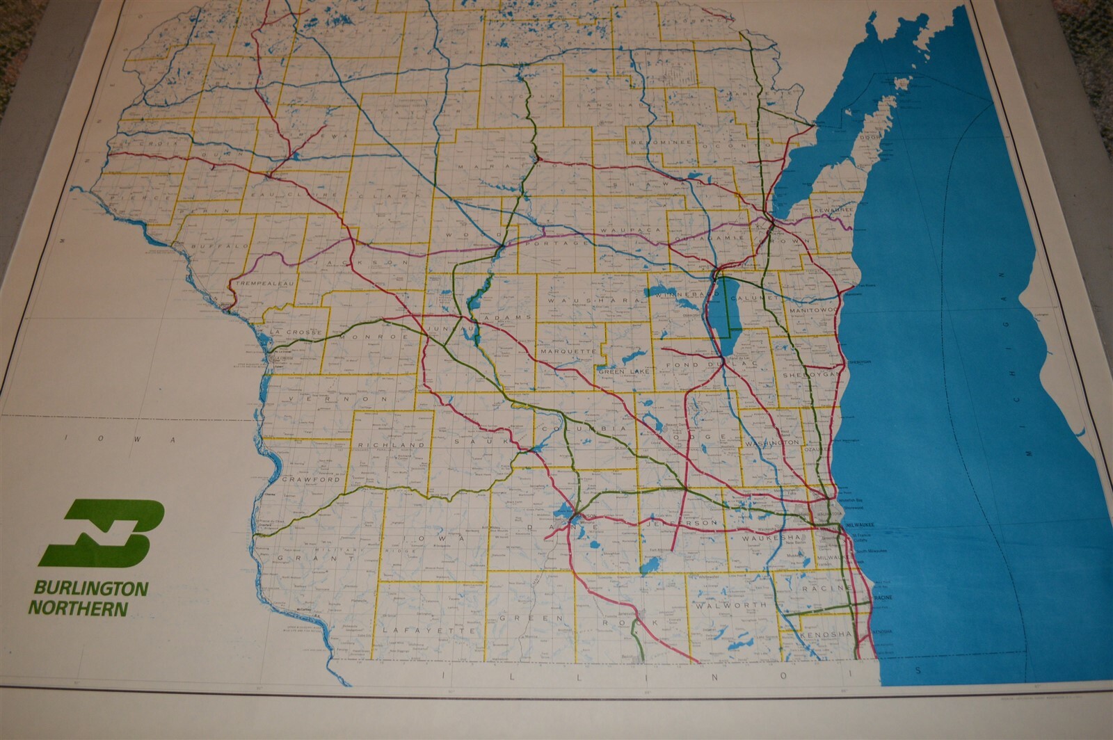 Large 1973 Burlington Northern Railroad Wisconsin Map Poster NO FOLDS