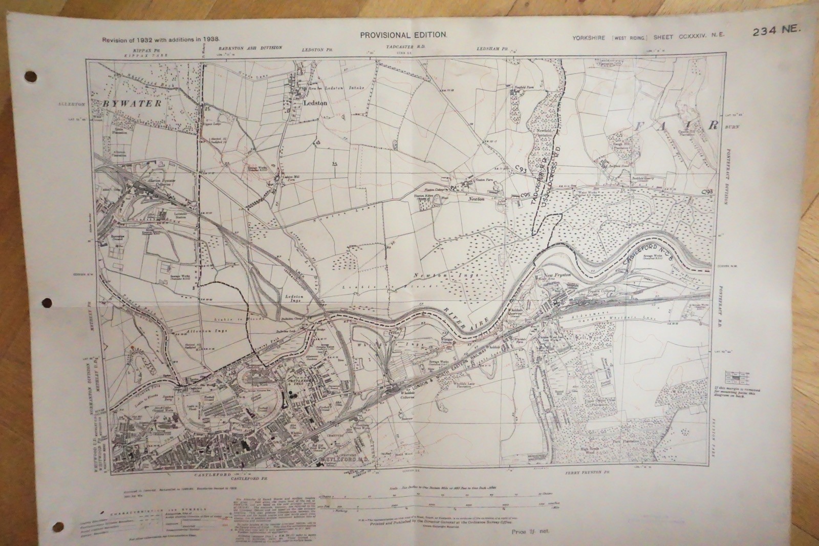 1938 Bywater Ledston Newton Yorkshire LNER Railway OS Linen Map Ref 82**
