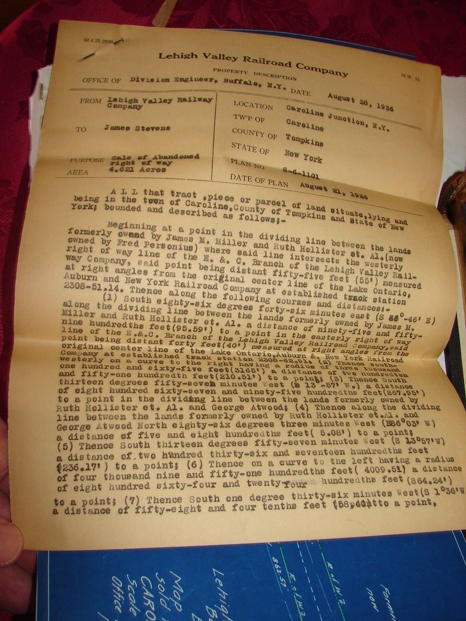 LVRR – Map Showing Land to be Sold to James Stevens, Caroline Junction, N Y 1936