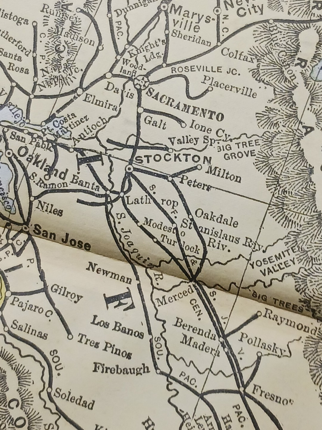 1897 Train Route Map CALIFORNIA & NEVADA all Railroad Lines Stations Towns 9×11″