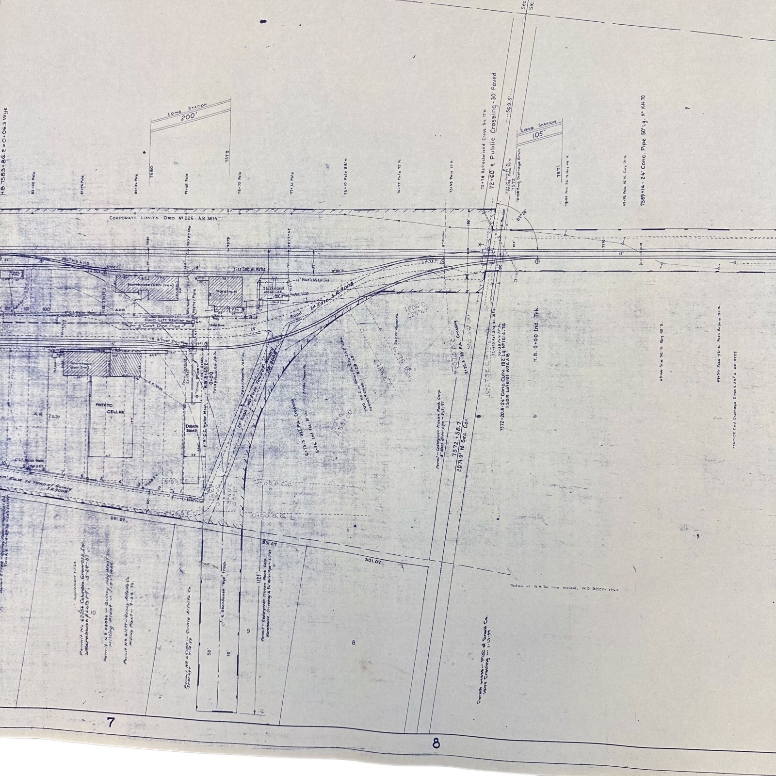 1954 Great Northern Railway Map Quincy Washington WA Blueprint Copy 84” x 24”