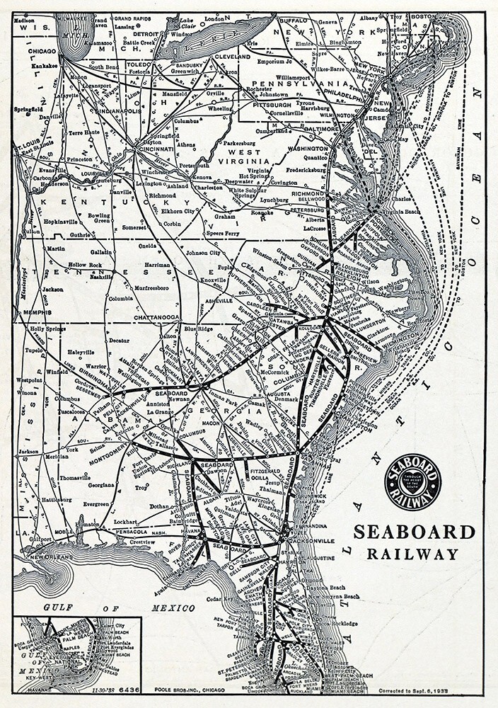 1938 Poole Bros Railroad Map Seaboard Railway Richmond Columbia Savannah Miami