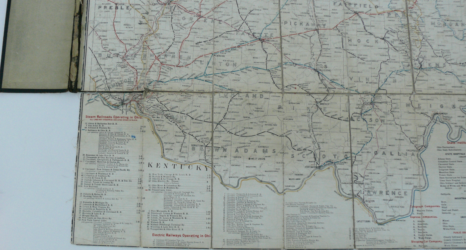 OHIO RAILROAD MAP 1912 FOLDING LINEN MAP STEAM ENGINES STATE