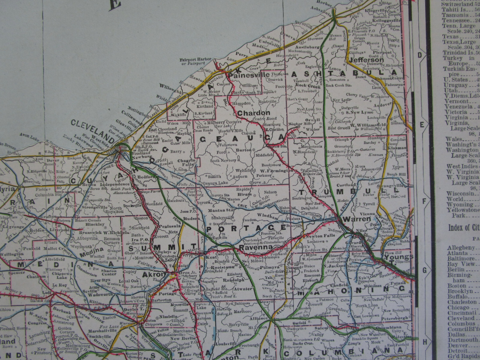 OH 1897 NORTHERN OHIO RAILROAD Map. Cram. MIILERSBURG, ASHLAND, & GREENWICH RR