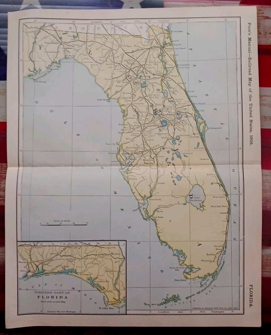 1905 ORIGINAL Train Route Map of FLORIDA state ALL Railroad Lines 11″x 9″