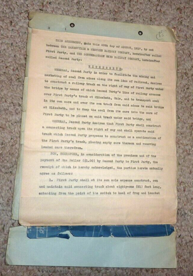 Zanesville & Western Ry Agreement w/ Southeastern Ohio Ry Elizabeth Ohio 1917