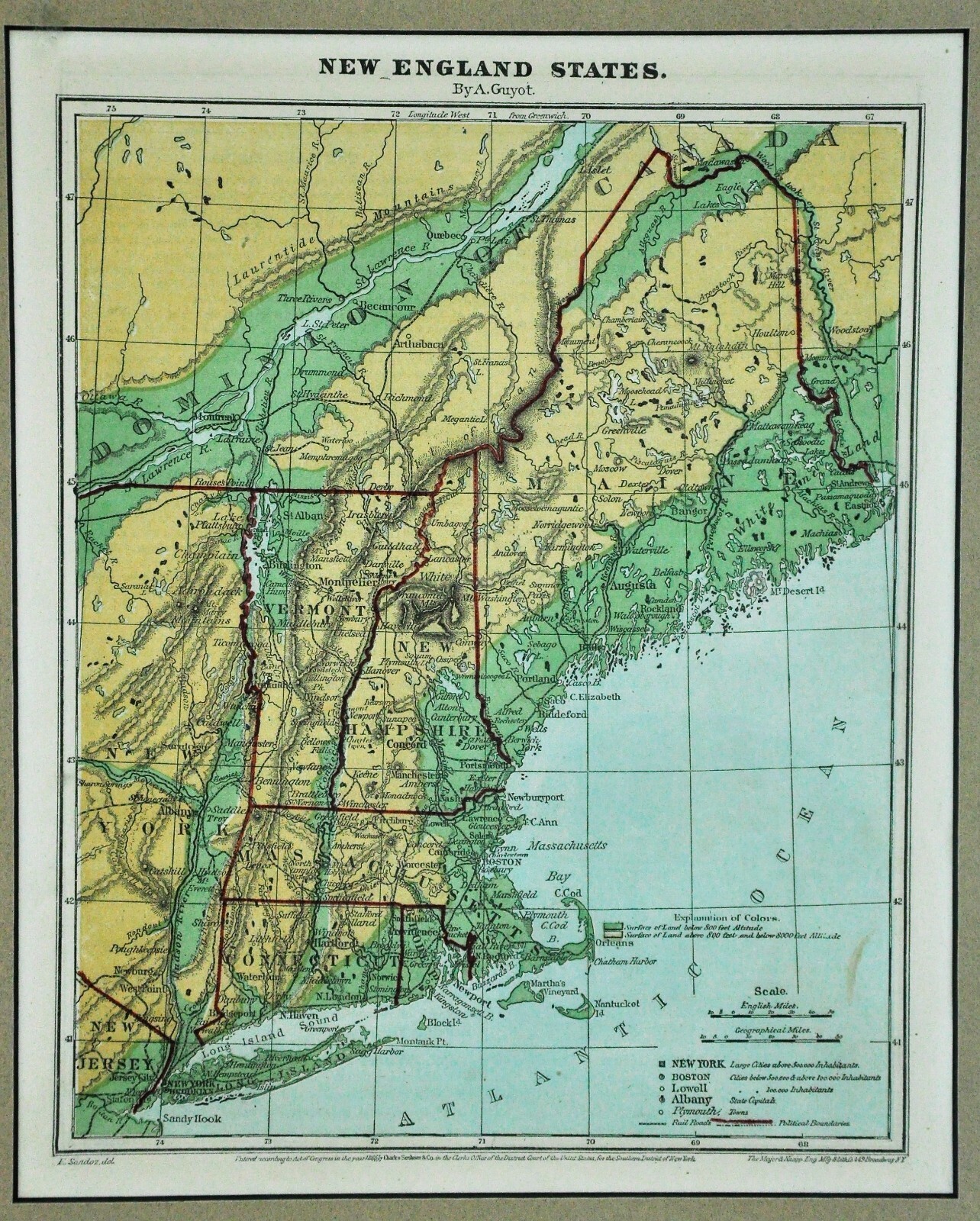 1865 Guyot Physical Map New England States 10 ¾” x 8 ¼” (BI#2100-RA/191108)