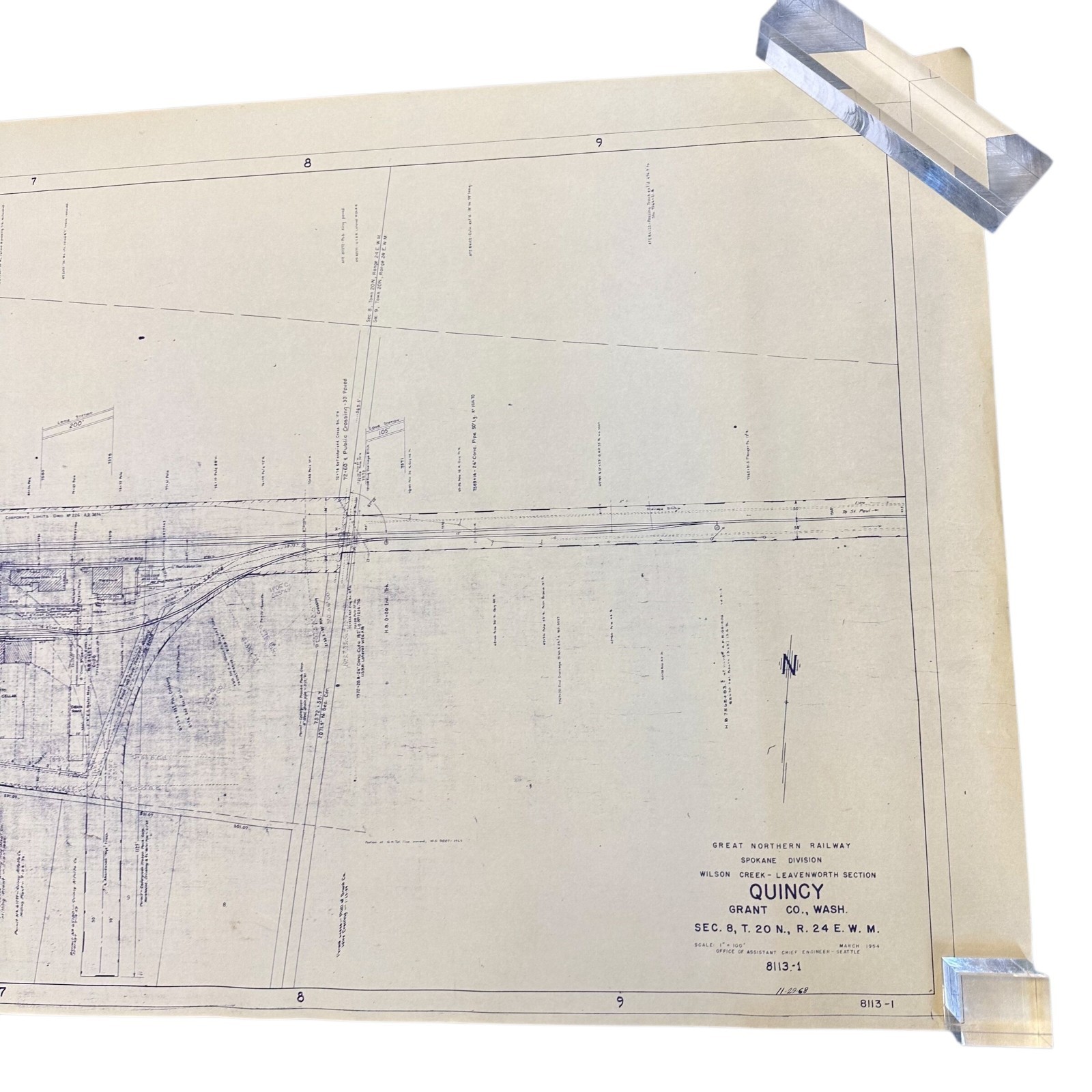1954 Great Northern Railway Map Quincy Washington WA Blueprint Copy 84” x 24”