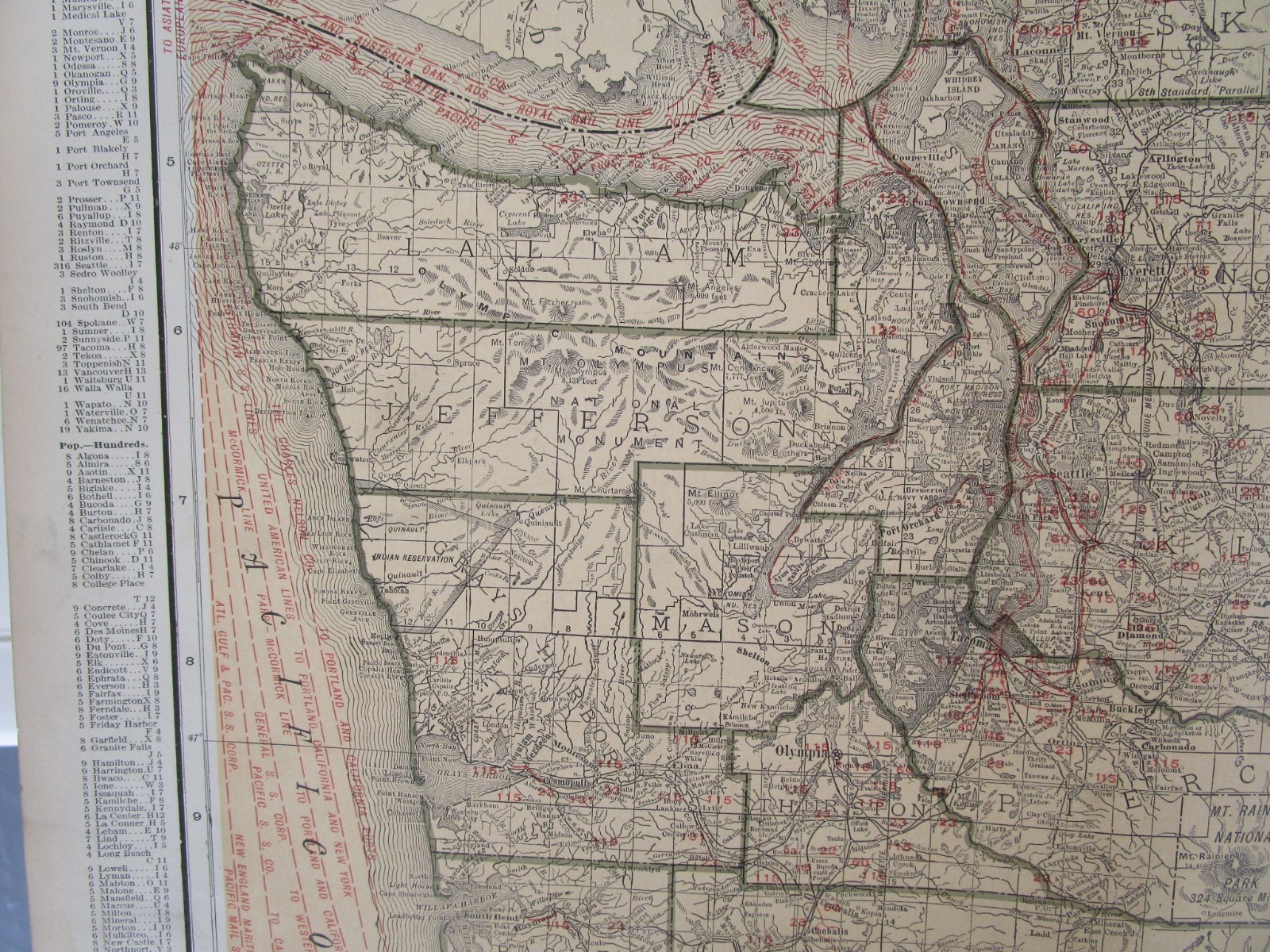 WA 1921 WASHINGTON State STEAM / INTERURBAN ELECTRIC RAILROAD / STEAMSHIP Map