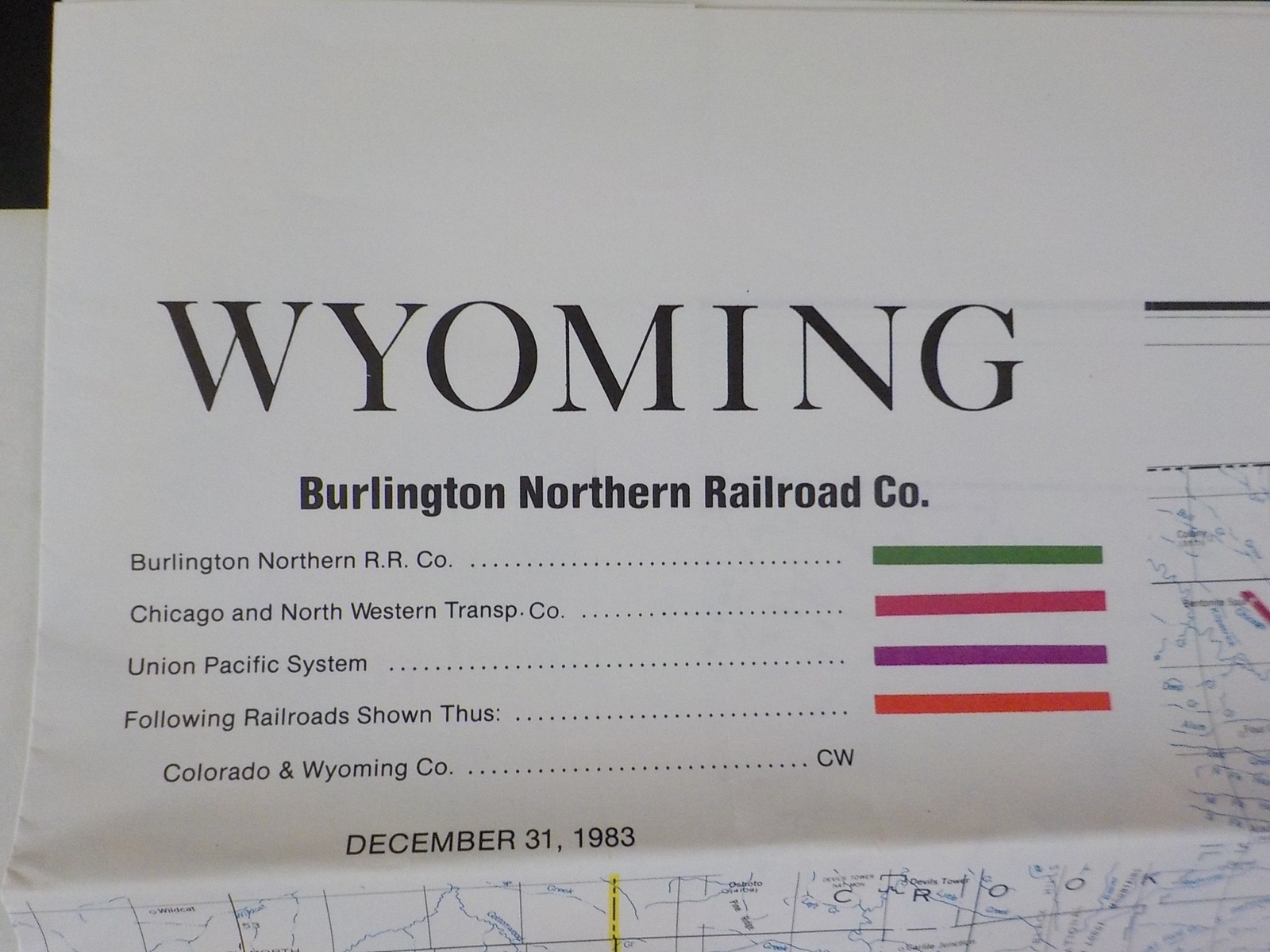 Map Burlington Northern Wyoming State Railroad Map 1983 August