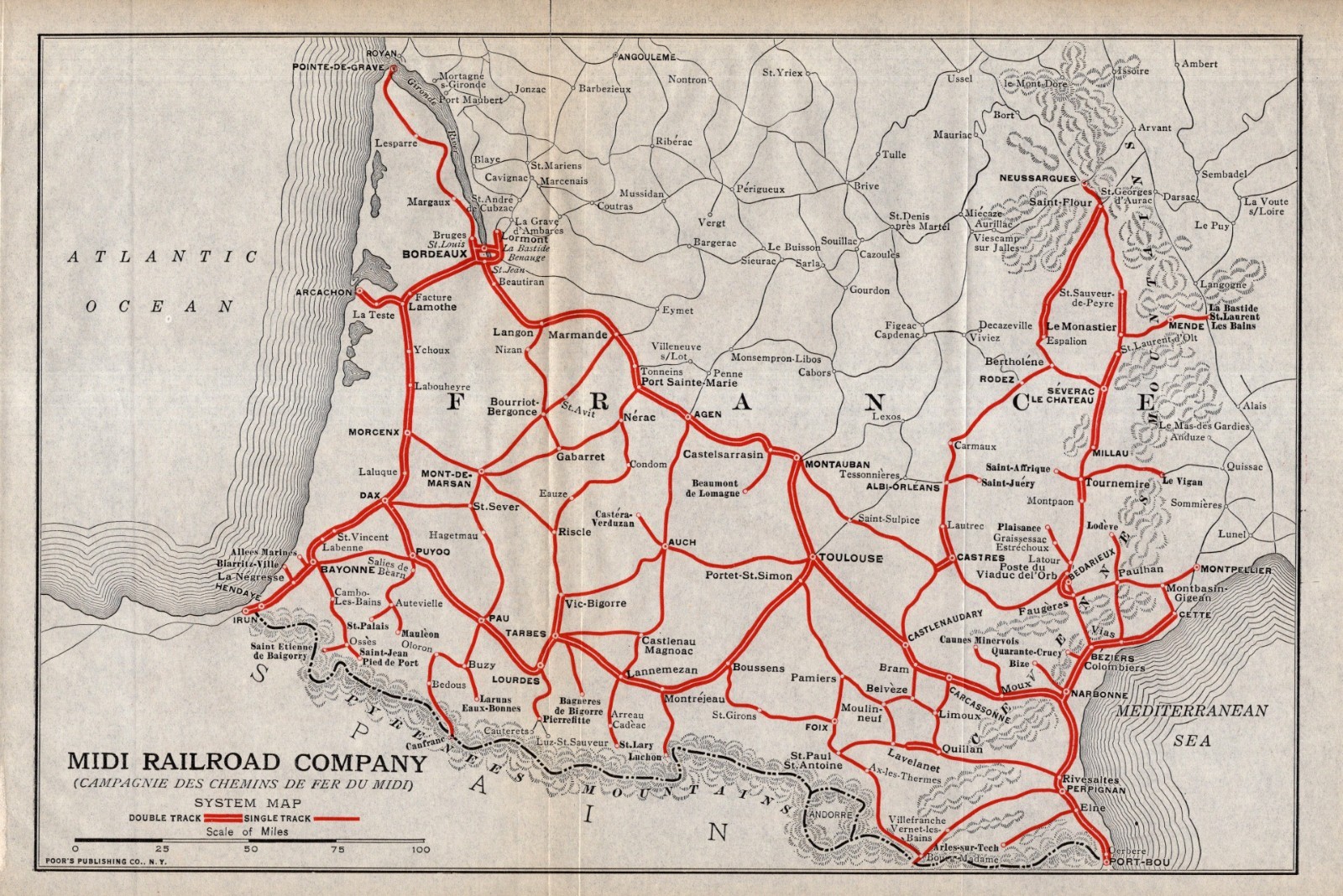 1922 Antique Midi Railroad Company Map France French Railroad Railway Map 2725