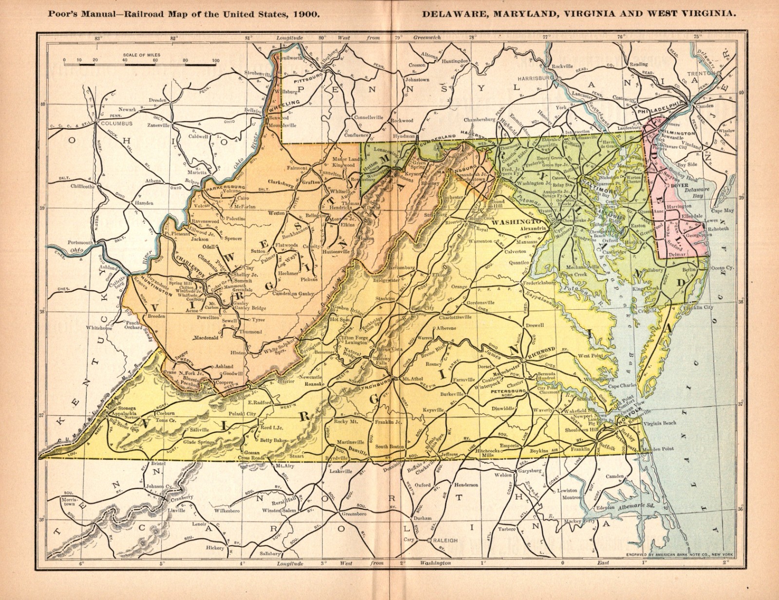 1900 Antique Delaware Maryland West Virginia Railroad Map Railway Map 2947