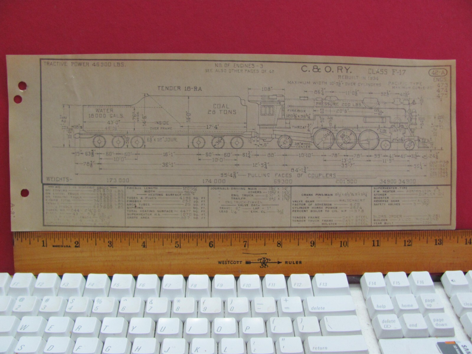 CHESAPEAKE & OHIO RAILROAD ORIG PRINTED DIAGRAM CLASS F-17 LOCOMOTIVE #473 – 475
