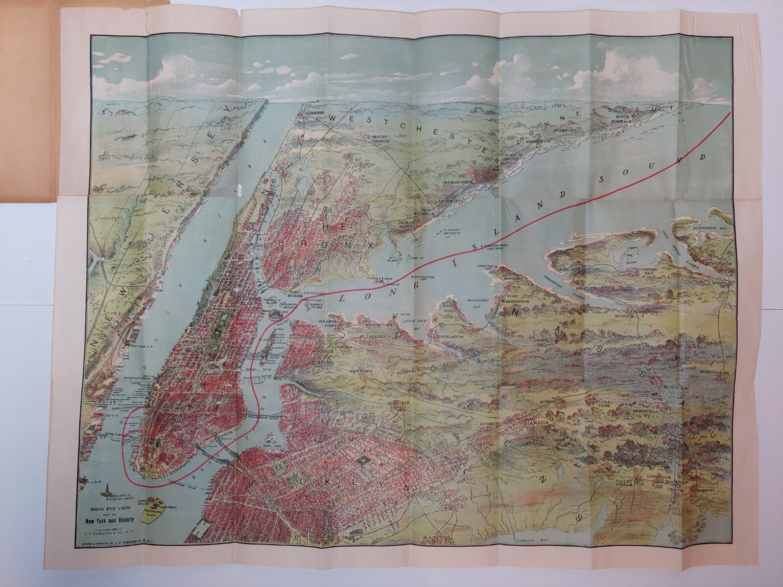 Long Island Sound Birds Eye View Map East & North Rivers 1909 CS Hammond 24×19