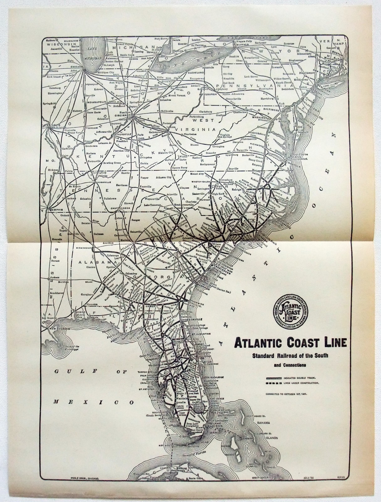 Atlantic Coast Line – Original 1929 Railroad Map by Poole Brothers. Railway