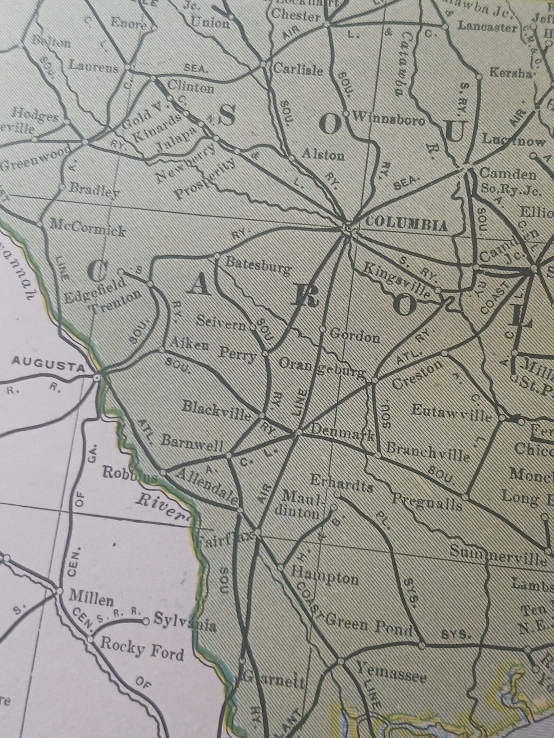 1905 Train Route Map North & South Carolina ALL old Railroad Lines Towns 11×9″